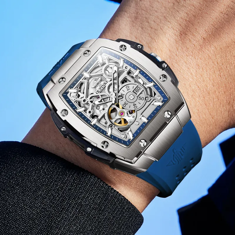 Oupinke Tonneau-Shaped Mechanical Movement Silicone Strap Watch Men's Watches White Dial-7