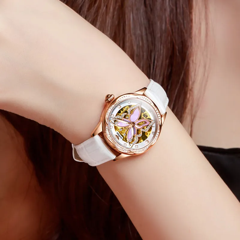 Oupinke AIR-BORN Collection Ceramic Rhinestone-Embellished Mechanical Movement Watch Women's Watch White Dial-18