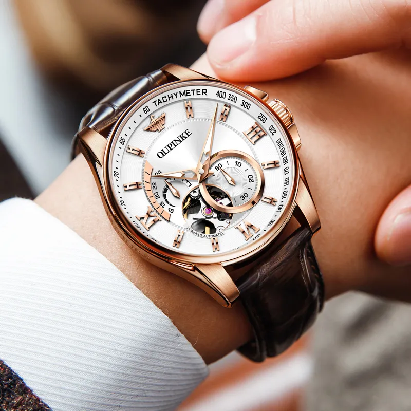 Oupinke Gaias Collection Cut Out Fly Reel Mechanical Movement Leather Strap Watch Men's Watches White Dial-16