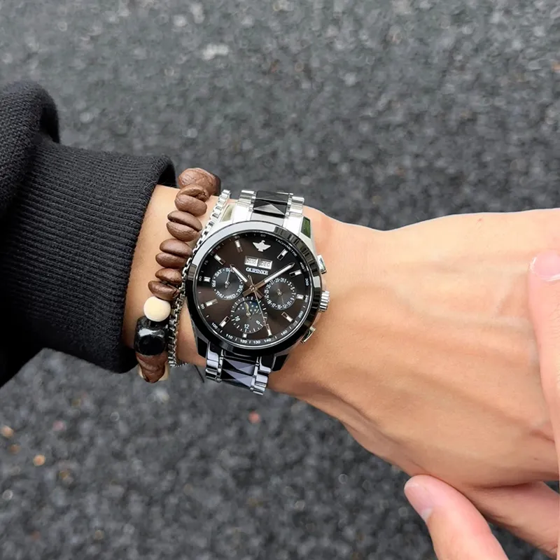 Oupinke Automatic Mechanical Movement Stainless Steel Watchband Watch Men's Watches Black Dial-3