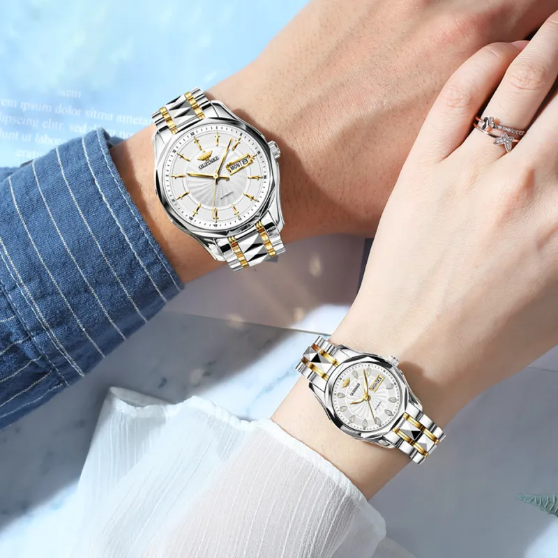 Oupinke Watch Couple's 1 Pair Mechanical Movement Stainless Steel Watchband Watch Unisex White Dial-2