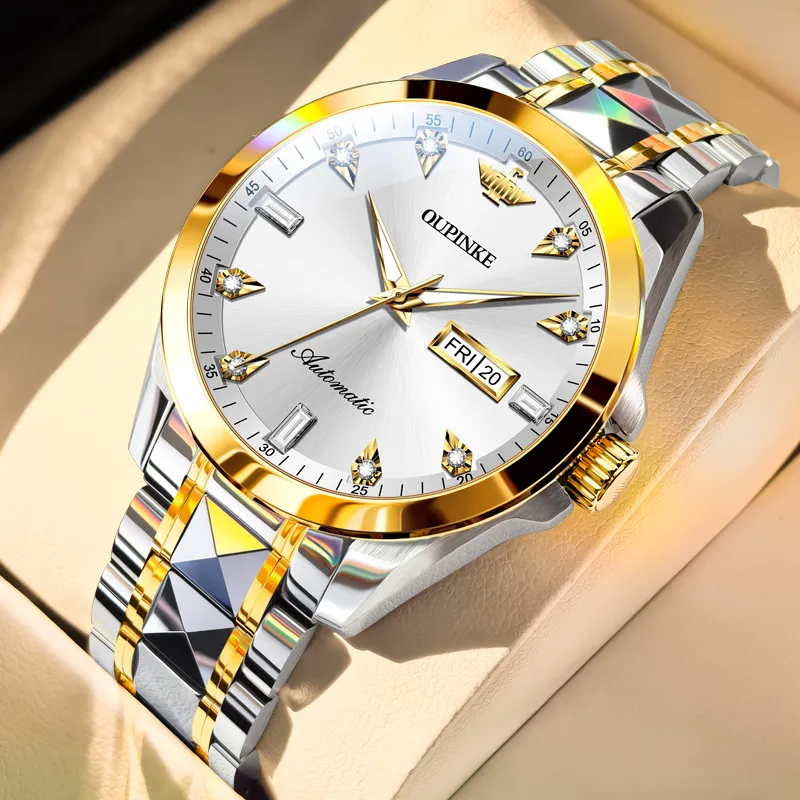 Oupinke Guts Collection Mechanical Movement Stainless Steel Watchband Watch Men's Watches White Dial-4