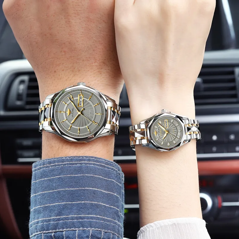 Oupinke Watch Couple's 1 Pair Mechanical Movement Stainless Steel Watchband Watch Unisex White Dial-8
