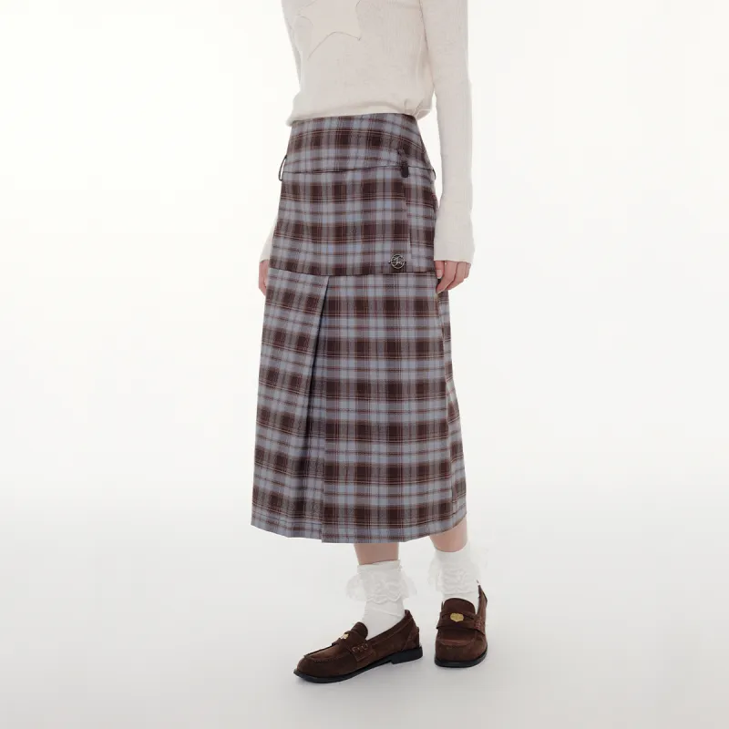 FPMZ Casual Long Skirts Women's Blue Brown Plaid Skirt-2
