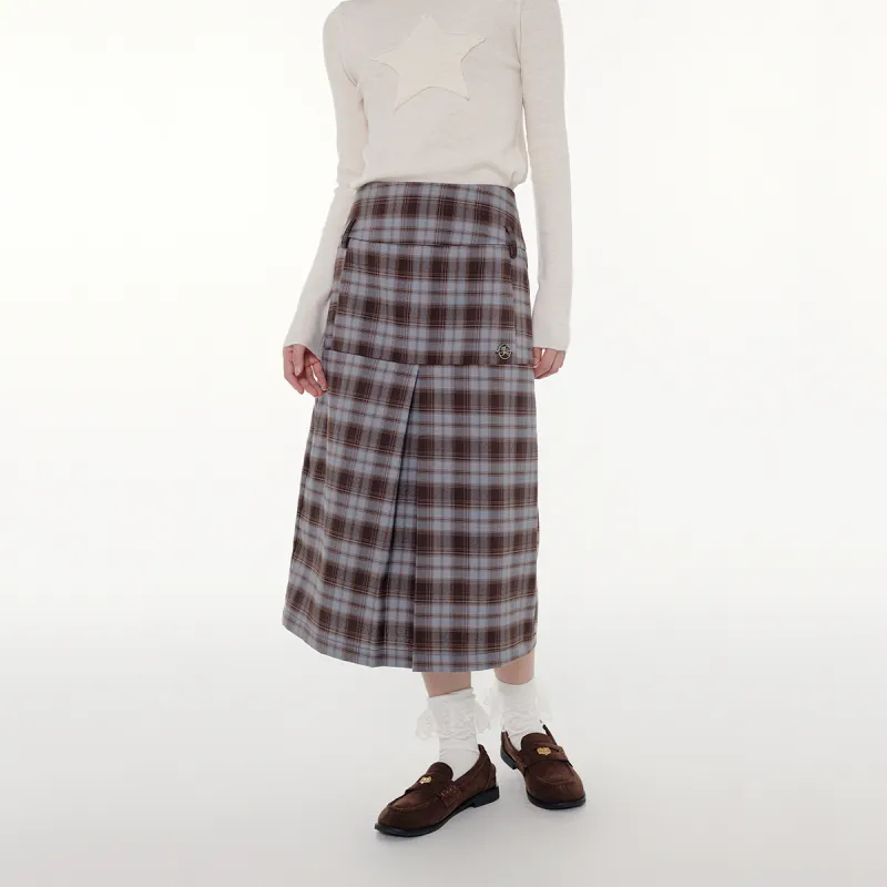FPMZ Casual Long Skirts Women's Blue Brown Plaid Skirt-5
