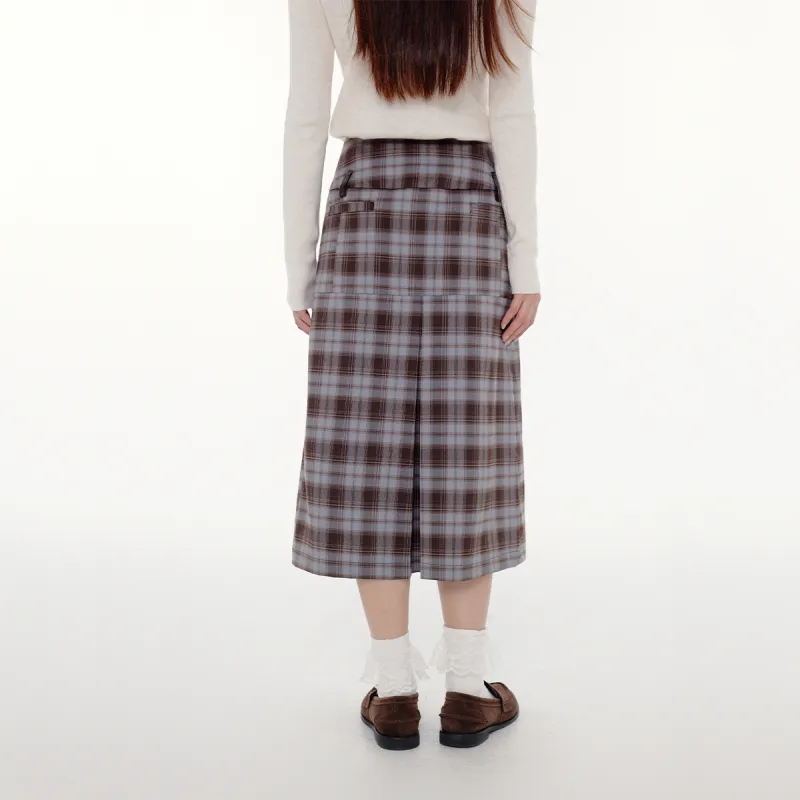 FPMZ Casual Long Skirts Women's Blue Brown Plaid Skirt-4