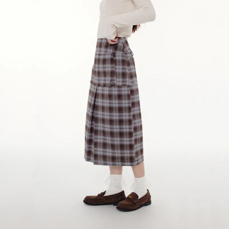 FPMZ Casual Long Skirts Women's Blue Brown Plaid Skirt-3
