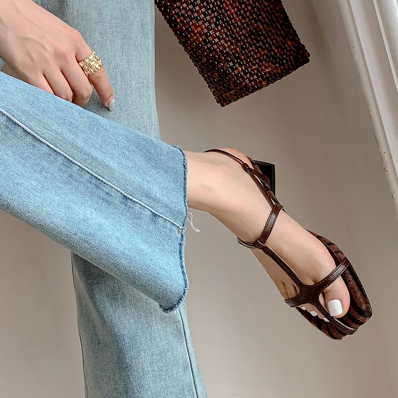 JIUXINGDAO One Strap Sandals Women's Brown-4