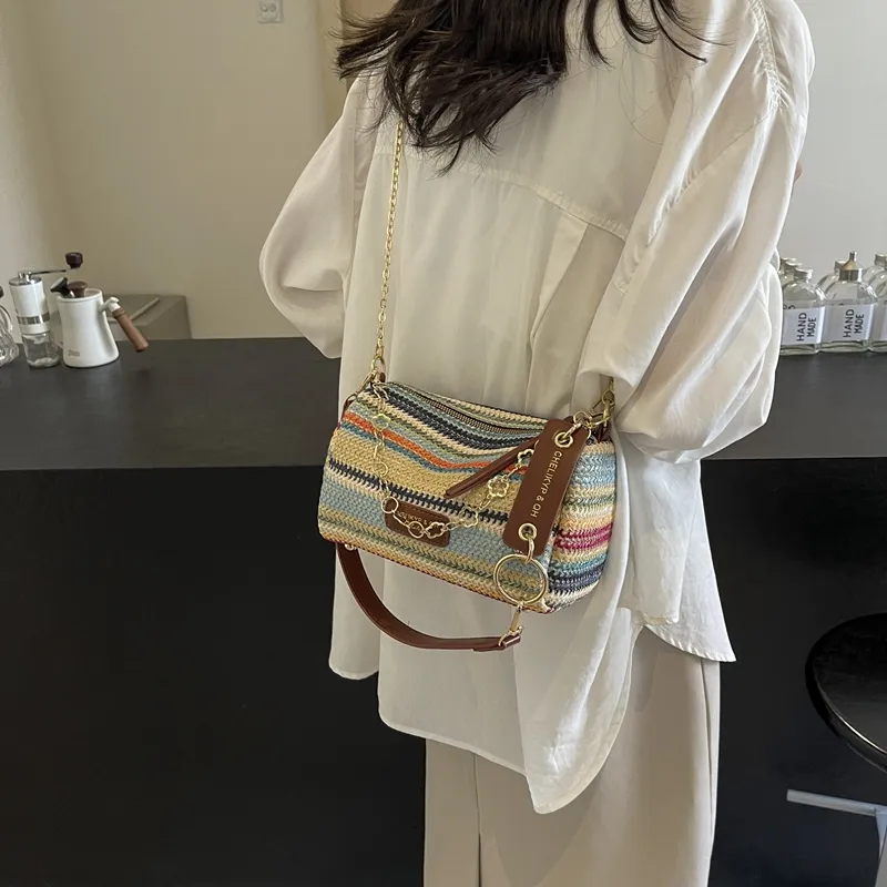 Yalu Straw Woven Pillow Bag, Crossbody Bag, Shoulder Bag Trumpets Women's Multicolor-17