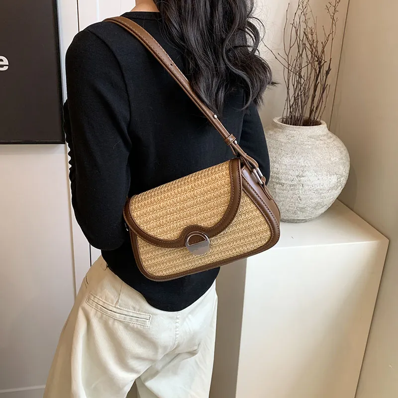 Yalu PU With Straw Woven Shoulder Bag Medium Size Women's Brown/Apricot-8