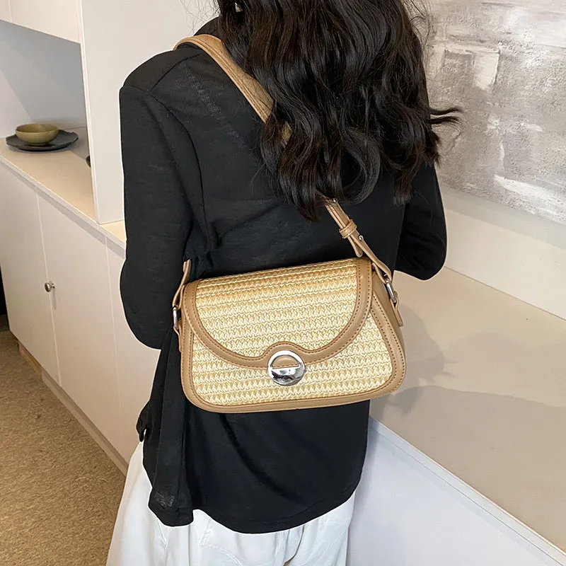 Yalu PU With Straw Woven Shoulder Bag Medium Size Women's Brown/Apricot-3