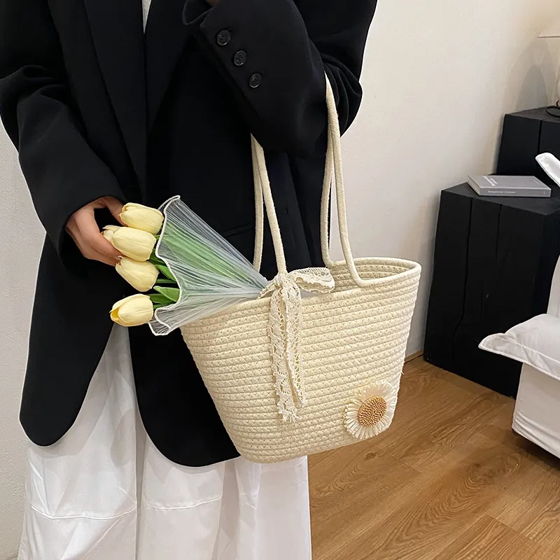 Yalu Woven Tote Bag, Shoulder Bag Women's White/Brown-4
