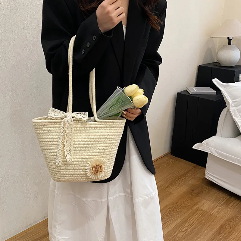 Yalu Woven Tote Bag, Shoulder Bag Women's White/Brown-3