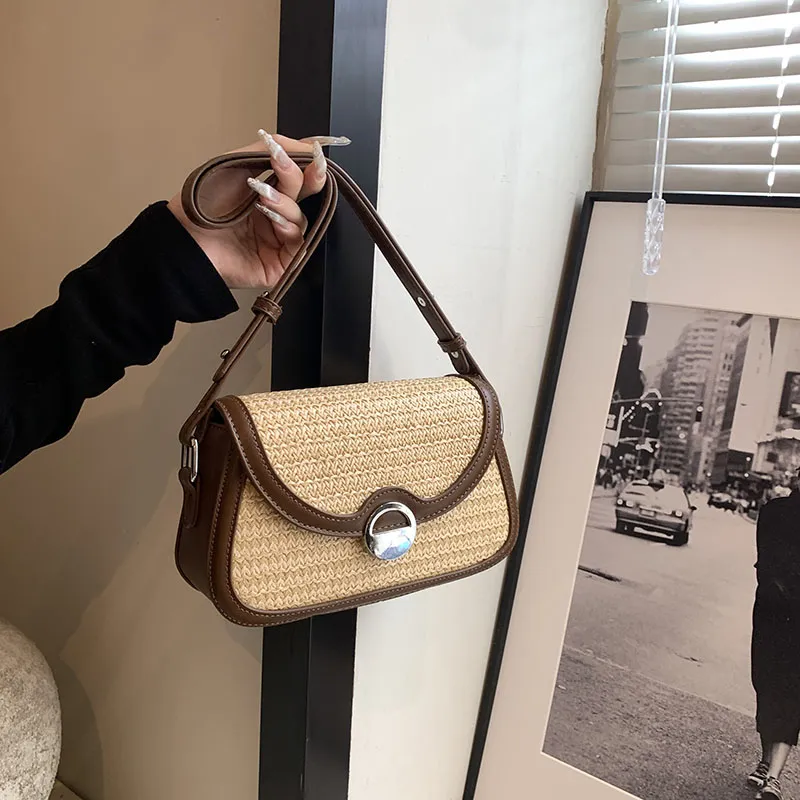 Yalu PU With Straw Woven Shoulder Bag Medium Size Women's Brown/Apricot-9