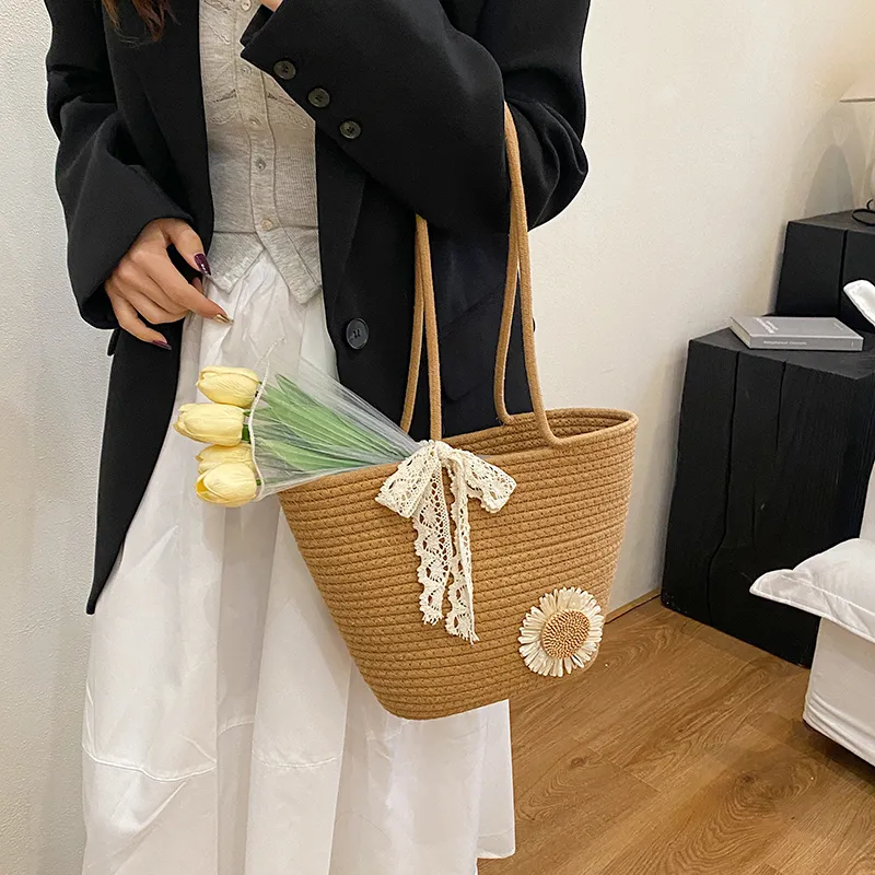 Yalu Woven Tote Bag, Shoulder Bag Women's White/Brown-6