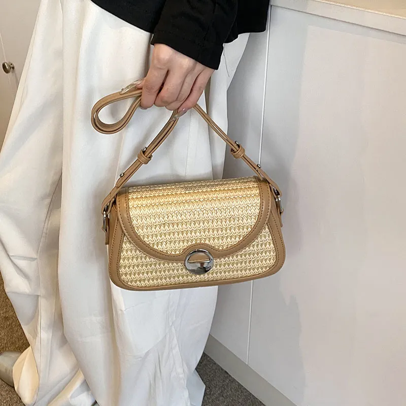 Yalu PU With Straw Woven Shoulder Bag Medium Size Women's Brown/Apricot-4