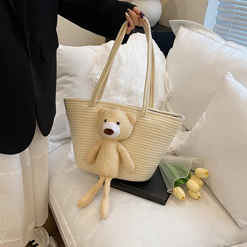 Yalu Cotton Tote Bag, Shoulder Bag Medium Size Women's White/Brown-2