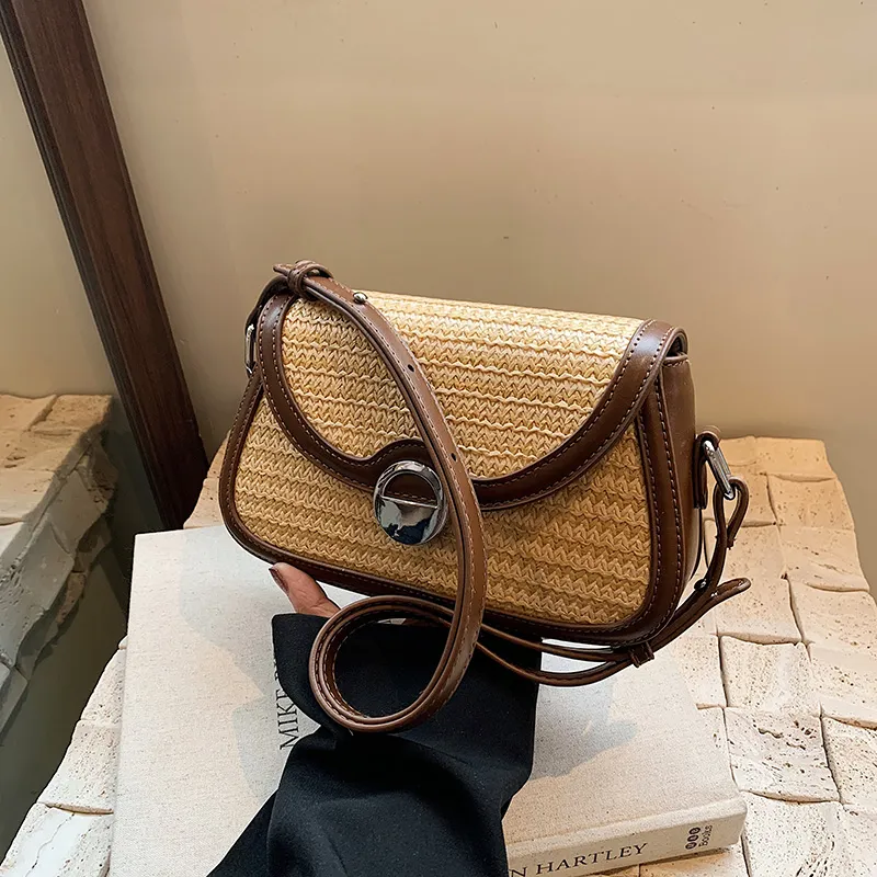 Yalu PU With Straw Woven Shoulder Bag Medium Size Women's Brown/Apricot-6