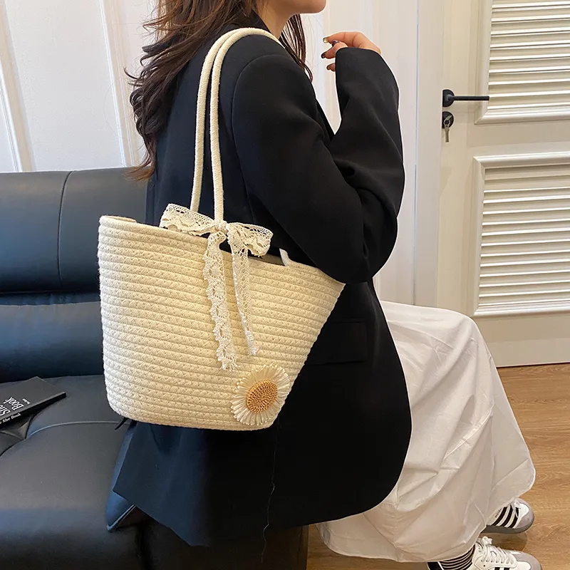 Yalu Woven Tote Bag, Shoulder Bag Women's White/Brown-2