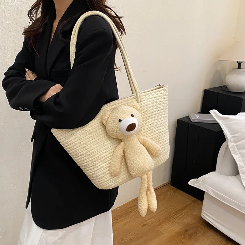 Yalu Cotton Tote Bag, Shoulder Bag Medium Size Women's White/Brown-4