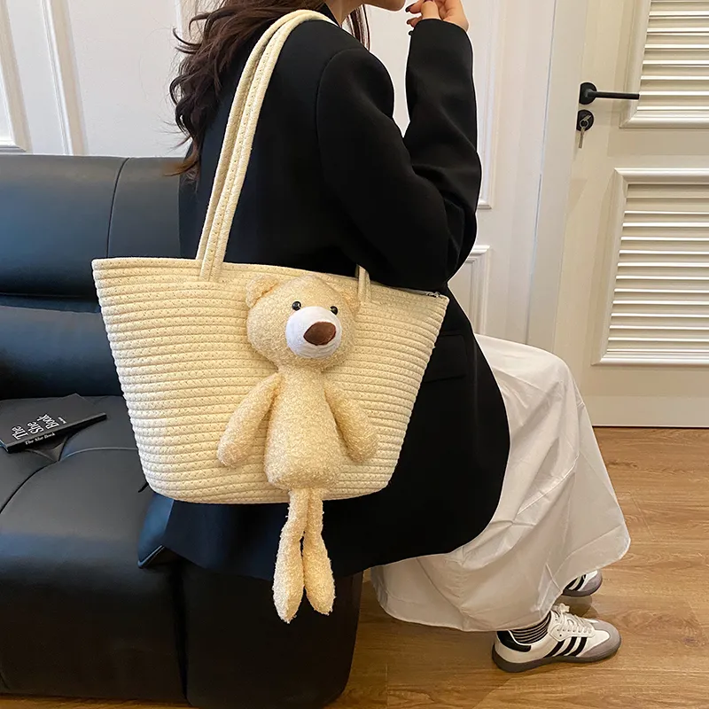 Yalu Cotton Tote Bag, Shoulder Bag Medium Size Women's White/Brown-1