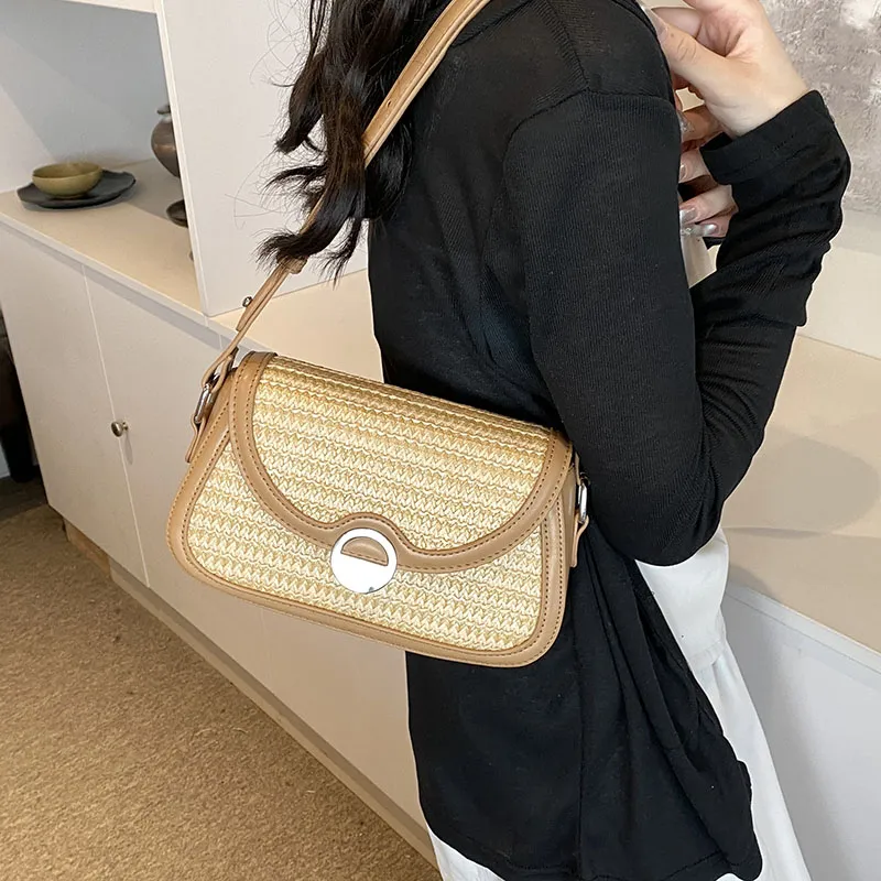 Yalu PU With Straw Woven Shoulder Bag Medium Size Women's Brown/Apricot-2