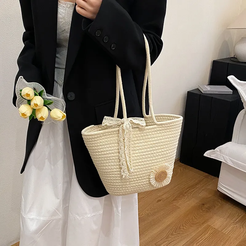 Yalu Woven Tote Bag, Shoulder Bag Women's White/Brown-1