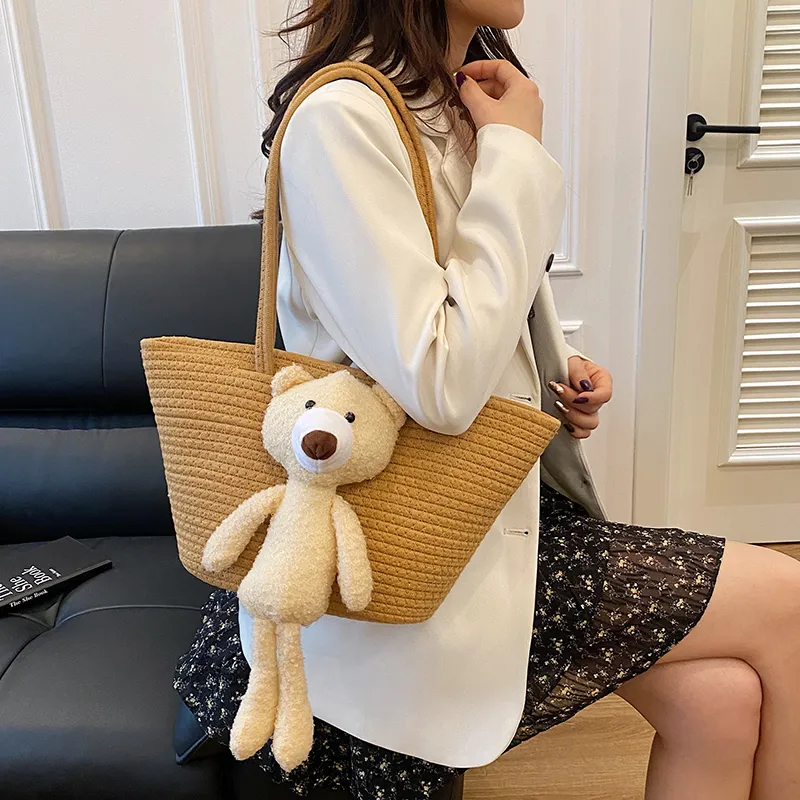 Yalu Cotton Tote Bag, Shoulder Bag Medium Size Women's White/Brown-6