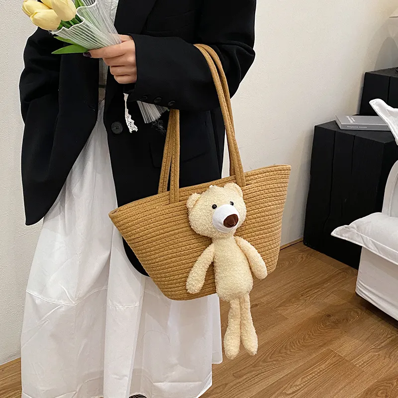 Yalu Cotton Tote Bag, Shoulder Bag Medium Size Women's White/Brown-8
