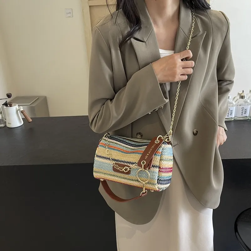 Yalu Straw Woven Pillow Bag, Crossbody Bag, Shoulder Bag Trumpets Women's Multicolor-18