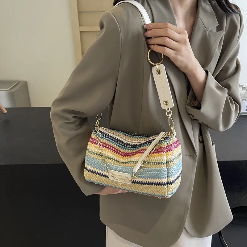 Yalu Straw Woven Pillow Bag, Crossbody Bag, Shoulder Bag Trumpets Women's Multicolor-13