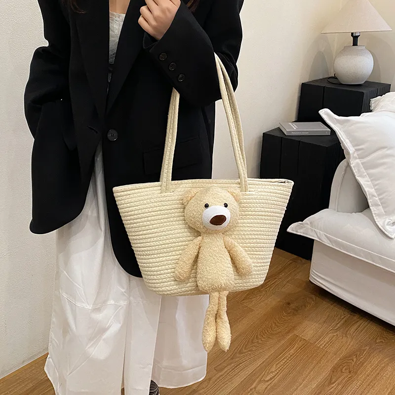 Yalu Cotton Tote Bag, Shoulder Bag Medium Size Women's White/Brown-3