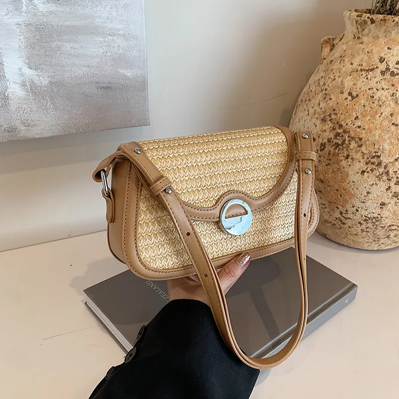 Yalu PU With Straw Woven Shoulder Bag Medium Size Women's Brown/Apricot-1