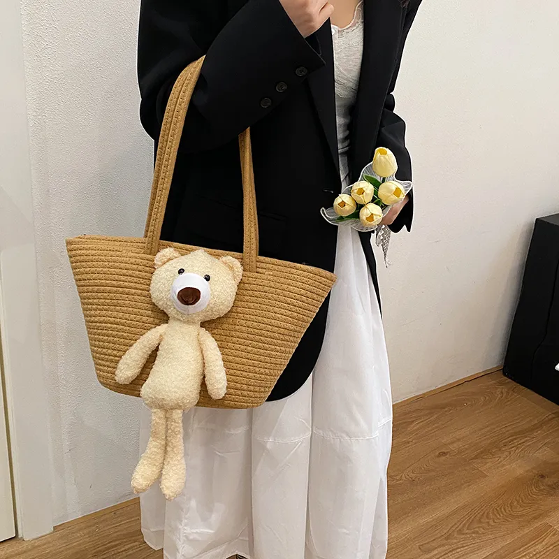 Yalu Cotton Tote Bag, Shoulder Bag Medium Size Women's White/Brown-7