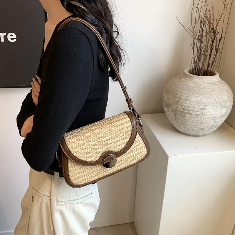 Yalu PU With Straw Woven Shoulder Bag Medium Size Women's Brown/Apricot-7