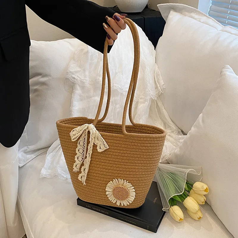 Yalu Woven Tote Bag, Shoulder Bag Women's White/Brown-7