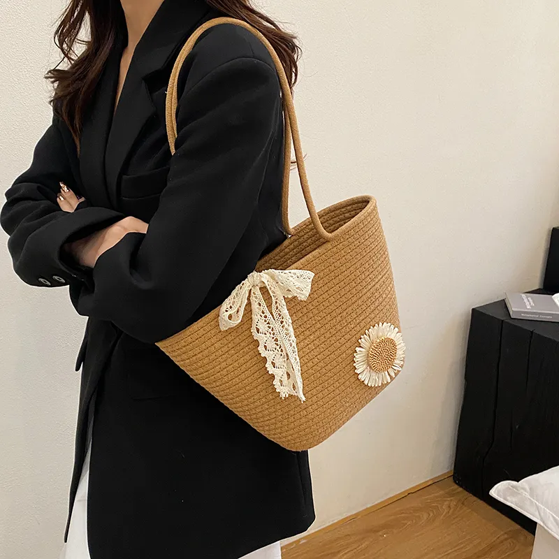 Yalu Woven Tote Bag, Shoulder Bag Women's White/Brown-8