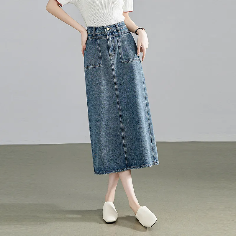 Initial Language Denim Long Skirts Women's Dusty Blue-3