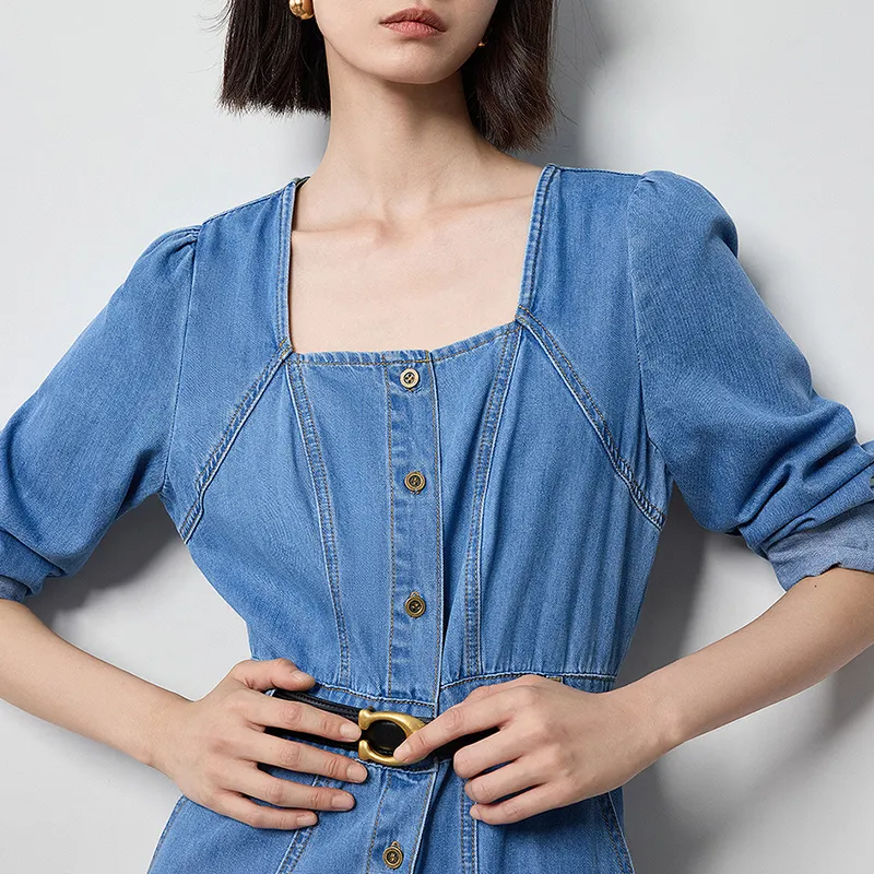 Initial Language Long Sleeved Dress Women's Denim Blue-2