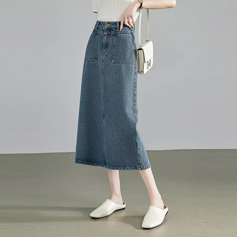 Initial Language Denim Long Skirts Women's Dusty Blue-2