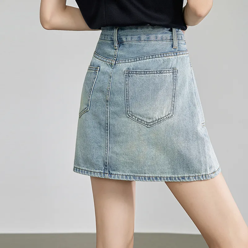 Initial Language Denim Short Skirts Women's Light Blue-8