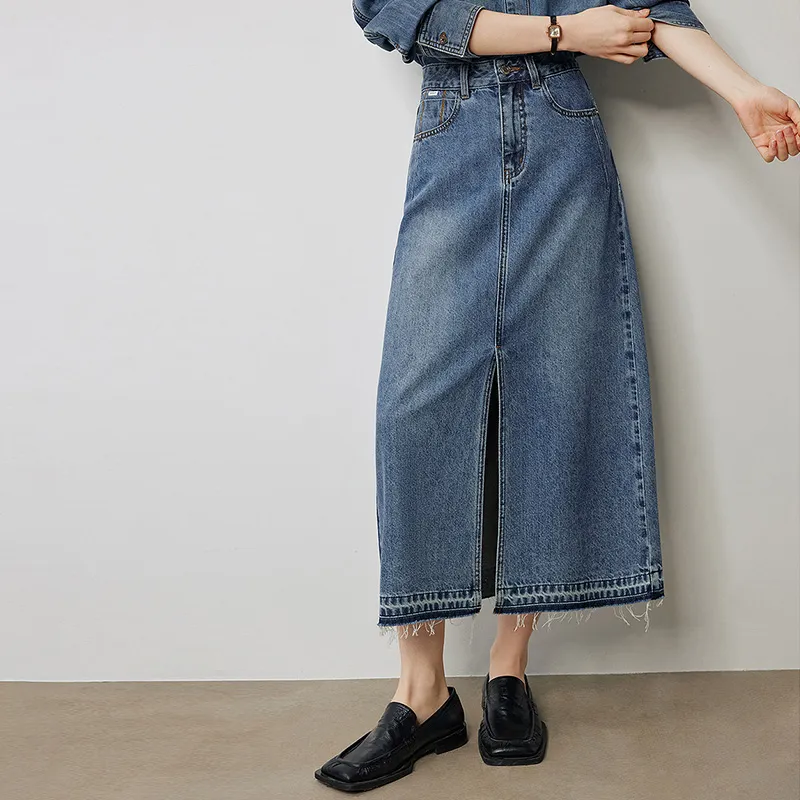 Initial Language Denim Long Skirts Women's Blue-2
