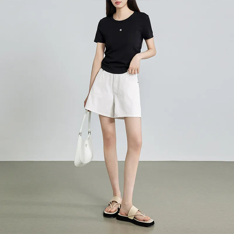 Initial Language Denim Shorts Women's White-3