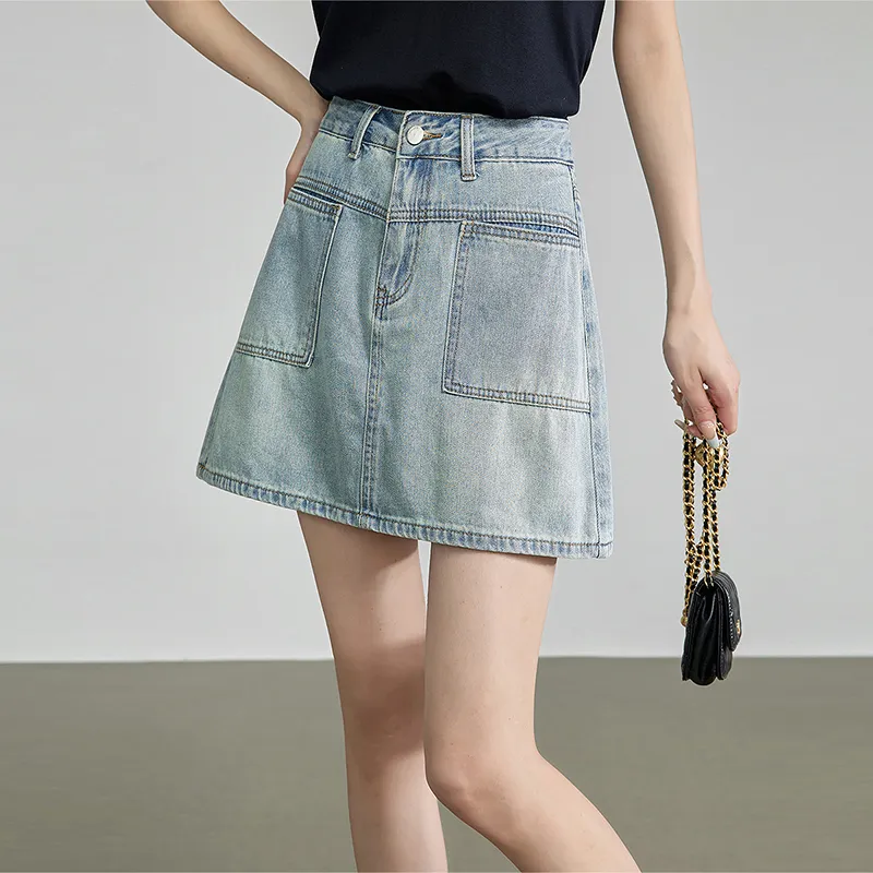 Initial Language Denim Short Skirts Women's Light Blue-2