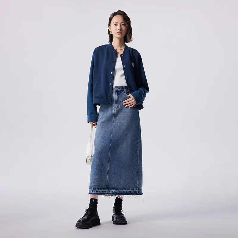 Initial Language Baseball Jacket Coat Women's Navy Blue-5