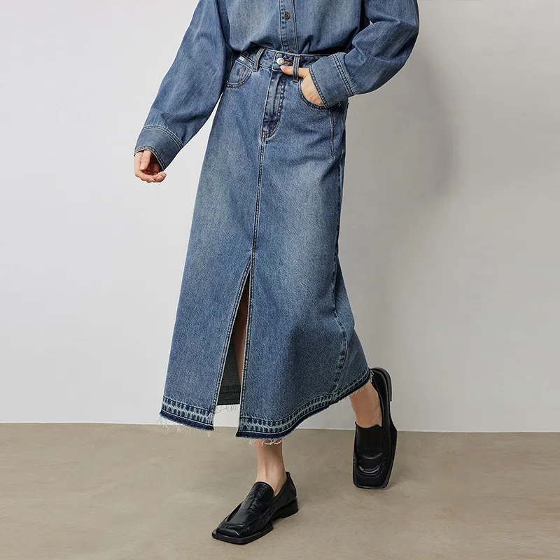 Initial Language Denim Long Skirts Women's Blue-3