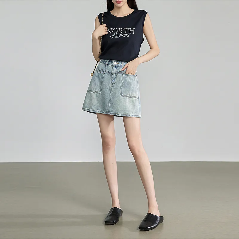 Initial Language Denim Short Skirts Women's Light Blue-5