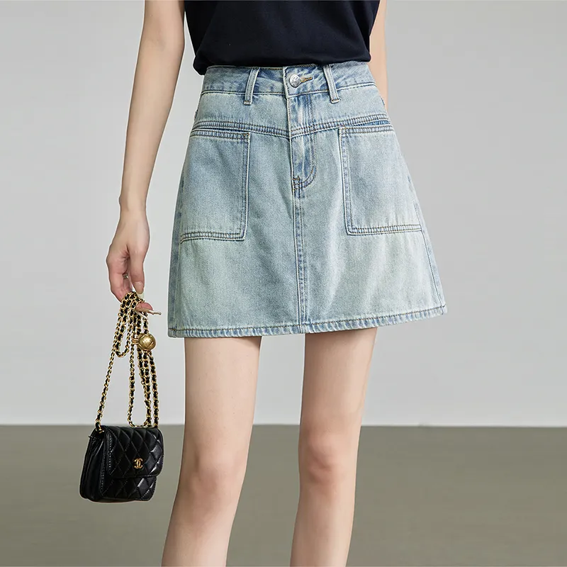 Initial Language Denim Short Skirts Women's Light Blue-3
