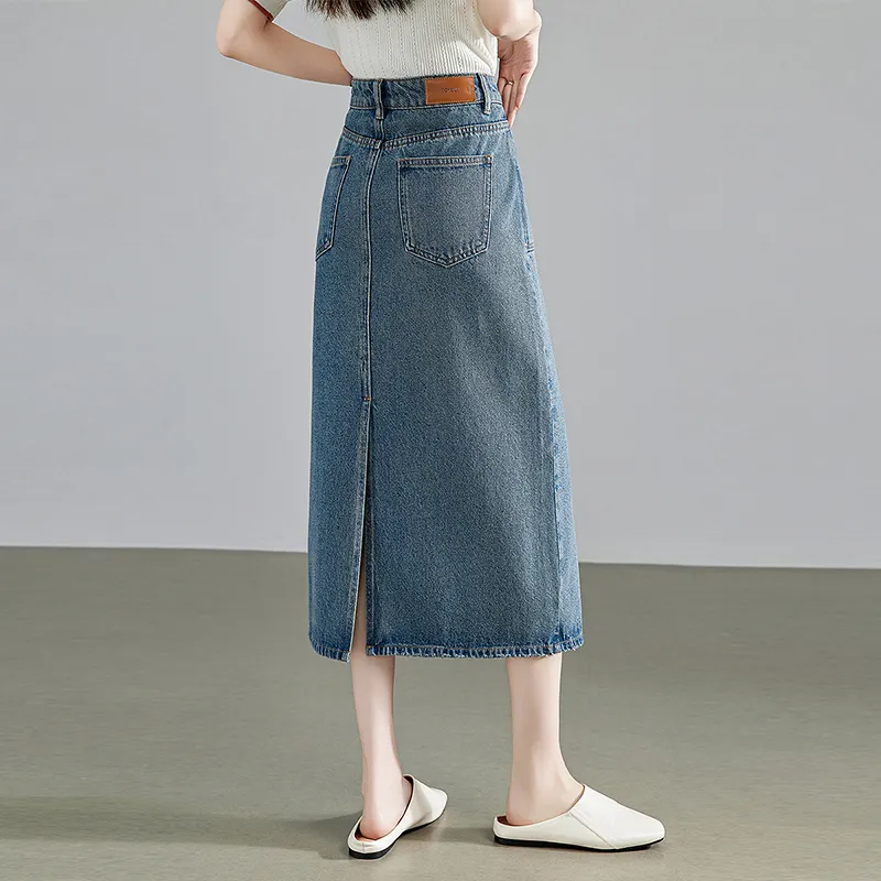 Initial Language Denim Long Skirts Women's Dusty Blue-6