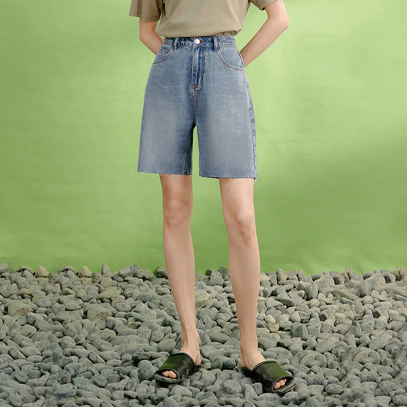 Initial Language Denim Shorts Women's Denim Blue-2